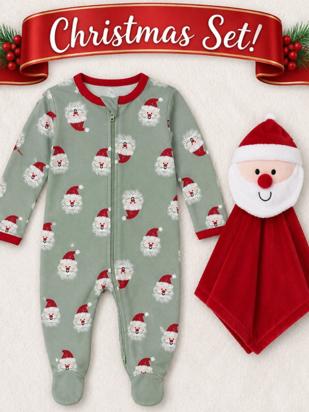 NWT Baby Essentials Christmas Gift Set Baby Boy 6M Sleeper & Santa Lovey